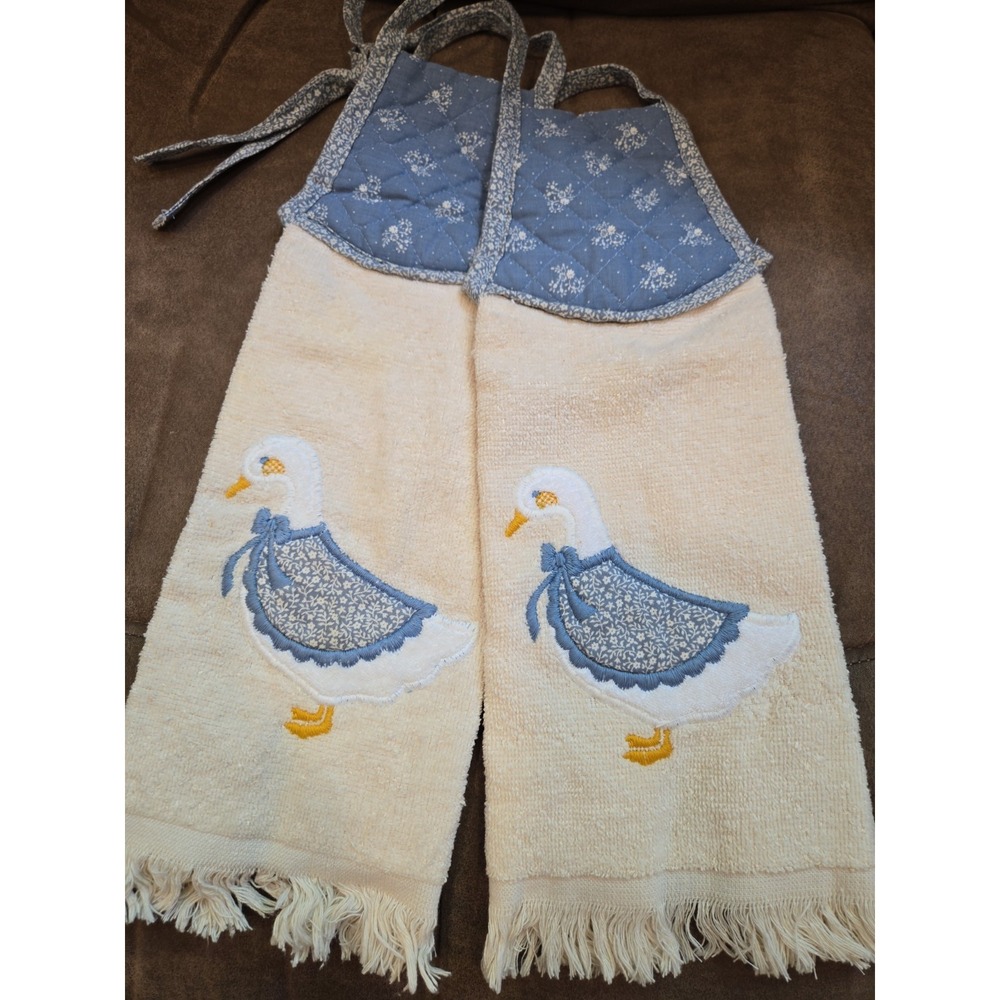 Kitchen Hand Towel Calico Goose Cottage Granny Core Cannon Mills Bow Blue Apron